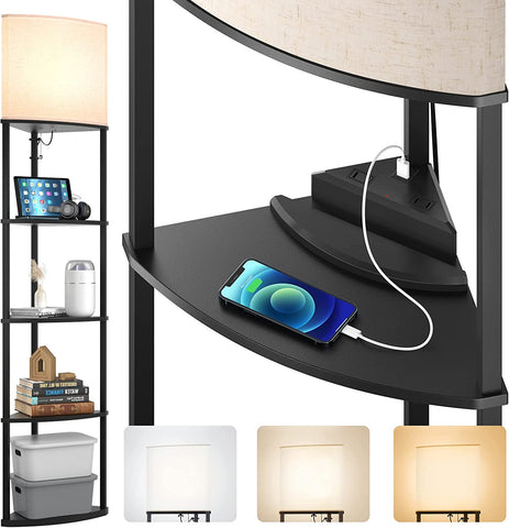 5-Tier Corner Shelf Floor Lamp with Type C, USB Port & 1 Power Outlet and 3CCT LED Bulb, Modern Display Lamp for Narrow Corner Bookshelf Lamp for Living Room, Bedroom, Office - Black