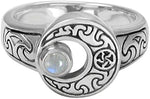 Sterling Silver Crescent Moon Ring with Natural Rainbow Moonstone (sizes 5-12)