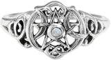 Sterling Silver Heart Pentacle Ring with Natural Rainbow Moonstone (Size 4-15)