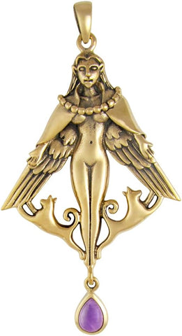 Bronze Norse Goddess Freya Pendant with Natural Amethyst