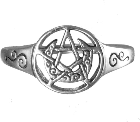 Sterling Silver Crescent Moon Pentagram Pentacle Ring (Size 5-12)