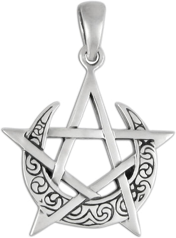 Sterling Silver Simple Moon Pentacle Pentagram Pendant; 1 Inch Tall