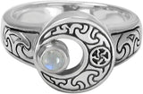 Sterling Silver Crescent Moon Ring with Natural Rainbow Moonstone (sizes 5-12)