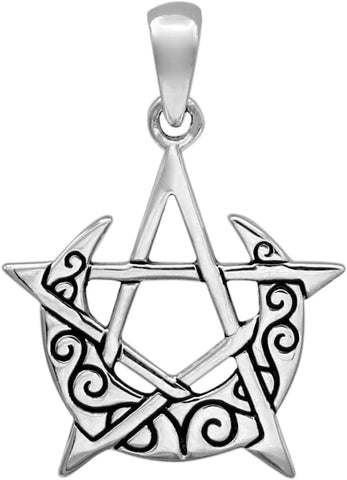 Sterling Silver Small Crescent Moon Pentacle Pentagram Pendant