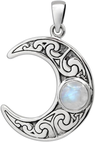 Sterling Silver Horned Crescent Moon Pendant with Natural Rainbow Moonstone