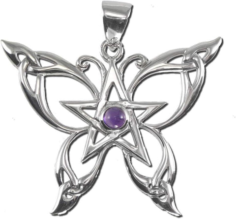 Sterling Silver Butterfly Pentacle Pendant with Natural Amethyst