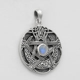 Sterling Silver Moon Goddess Pentacle Pendant with Natural Rainbow Moonstone