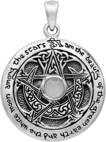 Sterling Silver Moon Goddess Pentacle Pendant with Natural White Moonstone; 1 Inch Diameter