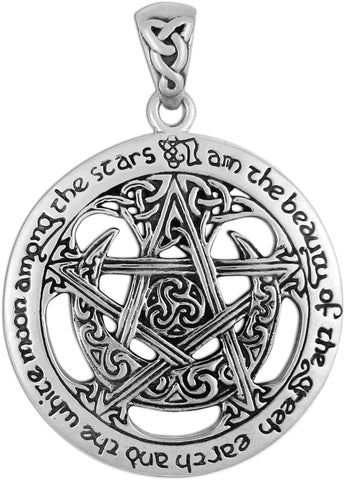 Sterling Silver Extra Large Cut Out Moon Pentacle Pendant; 1.25 Inch Diameter