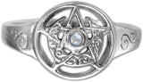 Sterling Silver Crescent Moon Pentacle Pentagram Ring with Rainbow Moonstone (Size 5-12)