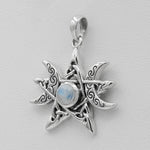 Sterling Silver Moon Phase Pentagram Pendant with Natural Rainbow Moonstone