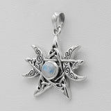 Sterling Silver Moon Phase Pentagram Pendant with Natural Rainbow Moonstone