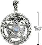 Sterling Silver Large Moon Goddess Wiccan Pentacle Pendant Natural Rainbow Moonstone; 1.25 Inch Diameter