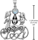 Sterling Silver Celtic Rhiannon Horse Goddess Pendant with Natural Rainbow Moonstone