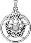 Sterling Silver Crescent Moon Pendant Pentacle with Natural Rainbow Moonstone