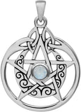 Sterling Silver Crescent Moon Pendant Pentacle with Natural Rainbow Moonstone