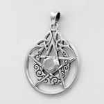 Sterling Silver Crescent Moon Pendant Pentacle with Natural White Moonstone