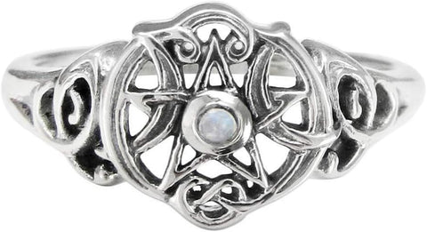 Sterling Silver Heart Pentacle Ring with Natural Rainbow Moonstone (Size 4-15)