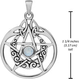 Sterling Silver Crescent Moon Pendant Pentacle with Natural Rainbow Moonstone