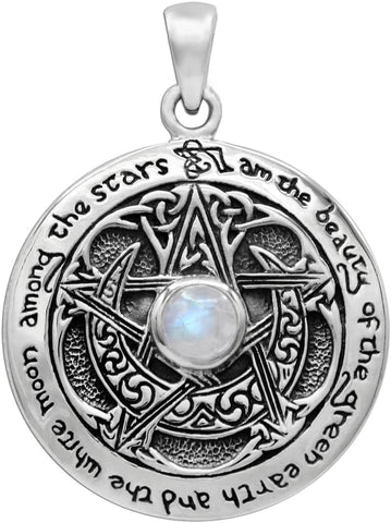 Sterling Silver Moon Goddess Pentacle Pendant with Natural Rainbow Moonstone