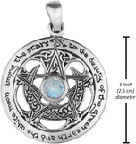 Dryad Design Sterling Silver Cut Out Moon Pentacle Pendant with Natural Rainbow Moonstone; 1 Inch Diameter