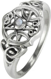 Sterling Silver Heart Pentacle Ring with Natural Rainbow Moonstone (Size 4-15)