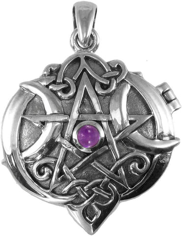 Sterling Silver Celtic Knot Heart Pentacle Locket with Natural Amethyst Jewelry