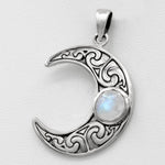 Sterling Silver Horned Crescent Moon Pendant with Natural Rainbow Moonstone