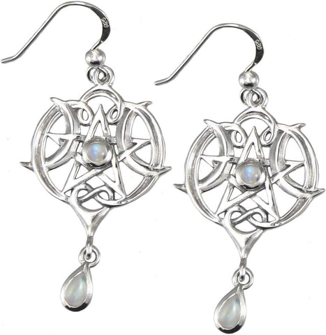 Sterling Silver Heart Pentacle Earrings with Natural Rainbow Moonstone
