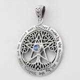 Sterling Silver Large Wiccan Tree Pentacle Pendant with Natural Rainbow Moonstone; 1.25 Inch Diameter