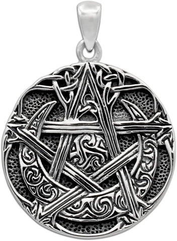 Sterling Silver Moon Pentacle Pentagram Pendant; 1 Inch Diameter