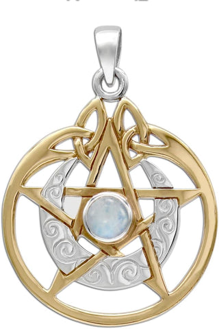 Sterling Silver 14k Gold Plated Crescent Moon Pendant Pentacle with Natural Rainbow Moonstone