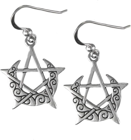 Sterling Silver Crescent Moon Pentacle Pentagram Earrings