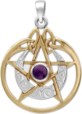 Sterling Silver 14k Gold Plated Crescent Moon Pendant Pentacle with Natural Amethyst