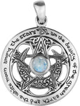 Dryad Design Sterling Silver Cut Out Moon Pentacle Pendant with Natural Rainbow Moonstone; 1 Inch Diameter