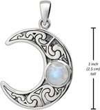 Sterling Silver Horned Crescent Moon Pendant with Natural Rainbow Moonstone