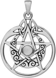 Sterling Silver Crescent Moon Pendant Pentacle with Natural White Moonstone