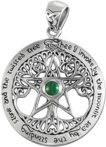 Sterling Silver Extra Large Cut Out Tree Pentacle Pendant with Simulated Malachite