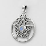 Sterling Silver Crescent Moon Pendant Pentacle with Natural Rainbow Moonstone