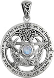 Sterling Silver Large Moon Goddess Wiccan Pentacle Pendant Natural Rainbow Moonstone; 1.25 Inch Diameter