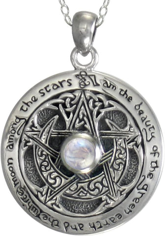 Sterling Silver Moon Pentacle with Rainbow Moonstone Necklace (16-30 Inches)