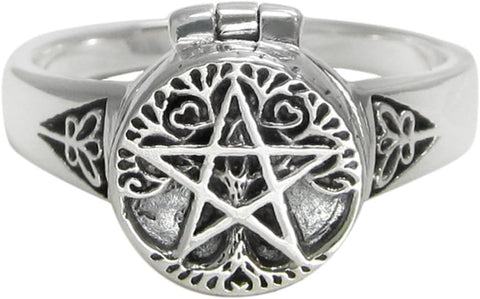Sterling Silver Tree Pentacle Poison Locket Ring (sizes 5-12)