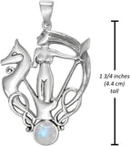 Sterling Silver Celtic Knot Morrigan Irish Goddess Pendant with Natural Rainbow Moonstone