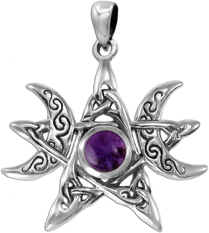 Sterling Silver Moon Phase Pentagram Pendant with Natural Amethyst
