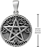 Sterling Silver Small Tree Pentacle Pentagram Pendant; 3/4 Inch Diameter