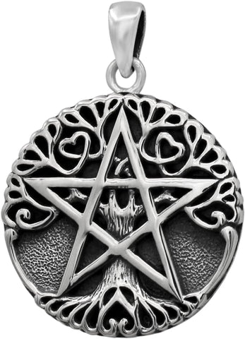 Sterling Silver Tree Pentacle Pentagram Pendant; 1 Inch Diameter