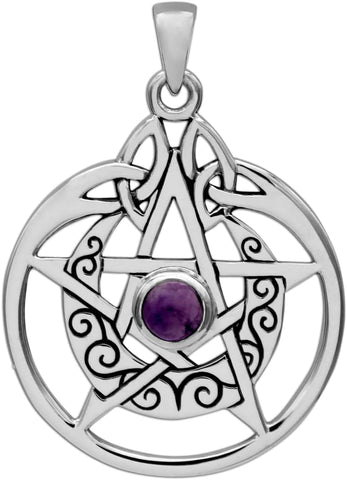 Sterling Silver Crescent Moon Pendant Pentacle with Natural Amethyst