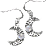 Sterling Silver Horned Moon Crescent Earrings with Natural Rainbow Moonstone