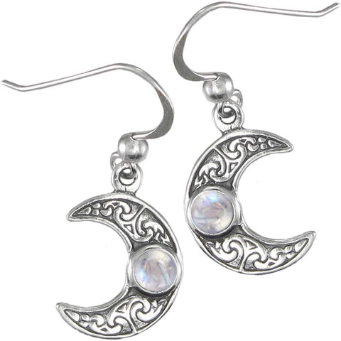 Sterling Silver Horned Moon Crescent Earrings with Natural Rainbow Moonstone