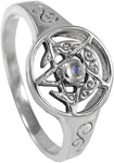 Sterling Silver Crescent Moon Pentacle Pentagram Ring with Rainbow Moonstone (Size 5-12)